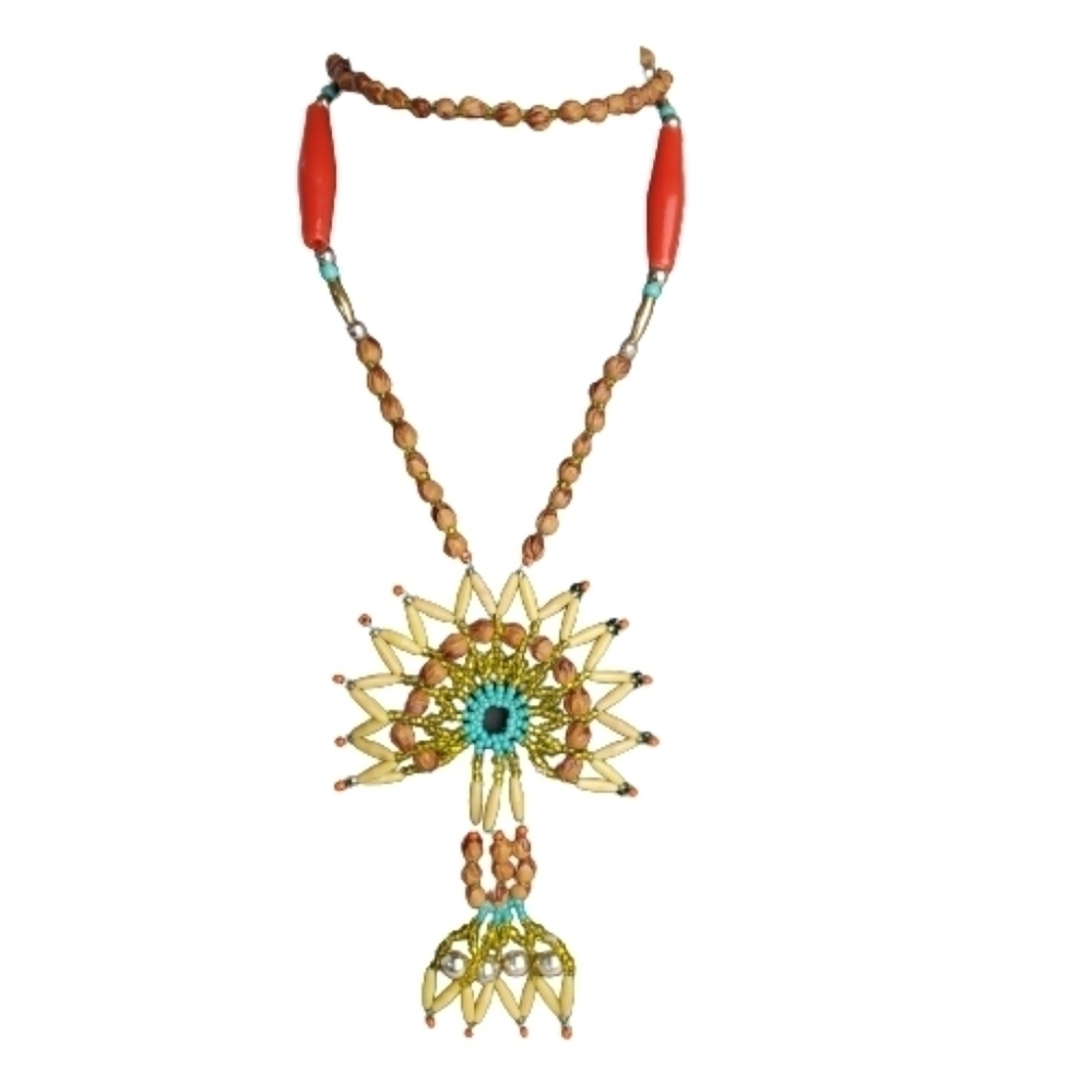 Southwestern Faux Stone Beaded Tan Turquoise Arch Burst Necklace 34"